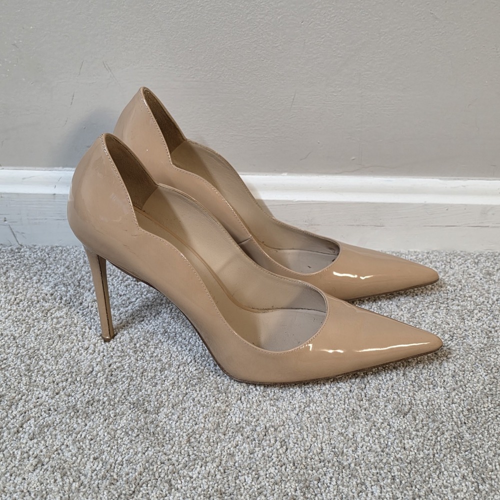 Stuart Weitzman Stuart 100 Beige Patent Scallop Pointed Toe Pumps Sz 10.5 B